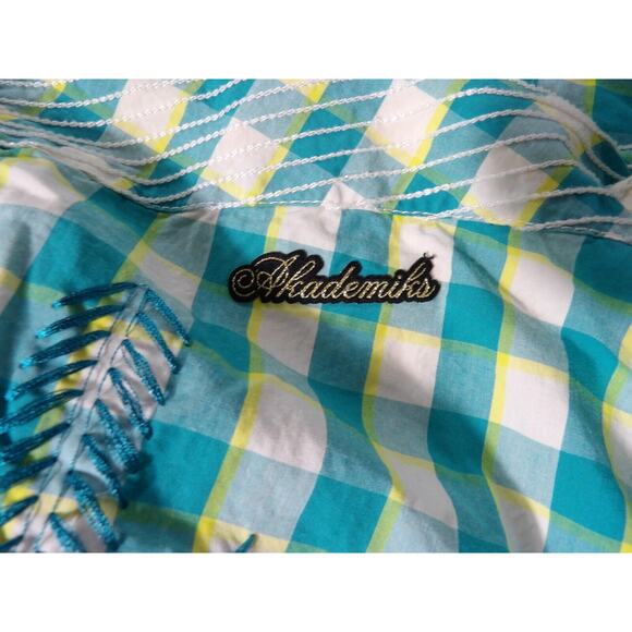 Akademiks Shirt XL Plaid Teal Yellow White Button Up Y2K Hip Hop Colorful Logo C - Picture 3 of 13